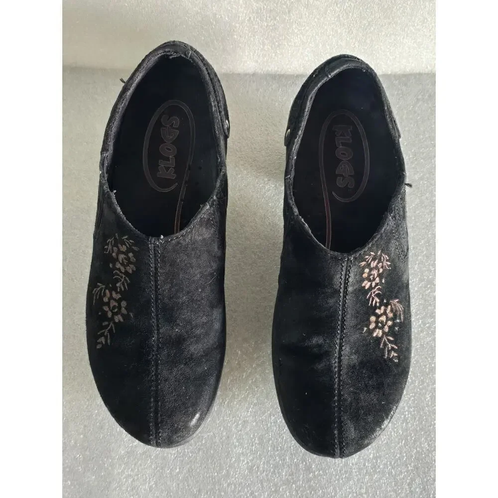 Klogs Missy Women's 7.5 M Black Suede Embroidery Clog Comfort Cottagecore Fairy